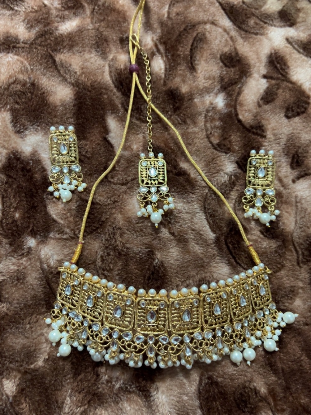 Gold and White Pearl Bridal Choker Necklace Set - Women Jewelry